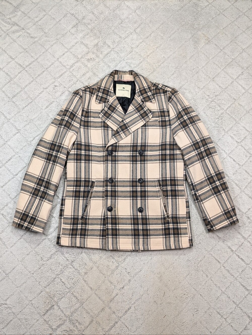 The Normal Brand Jacket Mens L Brown Tan Plaid Lan Heavy Overcoat Wool Blend